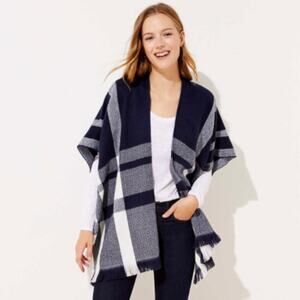 Ann Taylor Loft Navy Plaid Blanket Poncho Wrap Size M/L